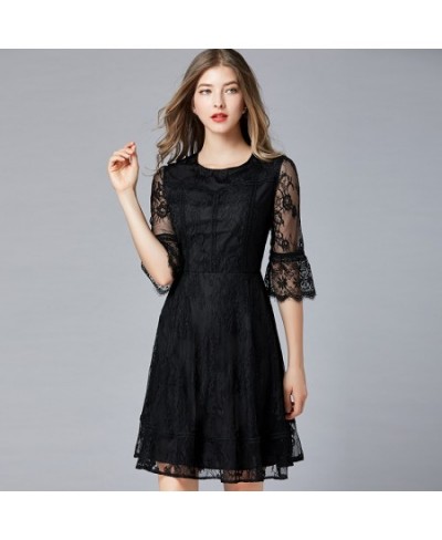 small black dress spring and summer new fat sister round neck 5-sleeve swing temperament large lace dress $74.95 - Dresses