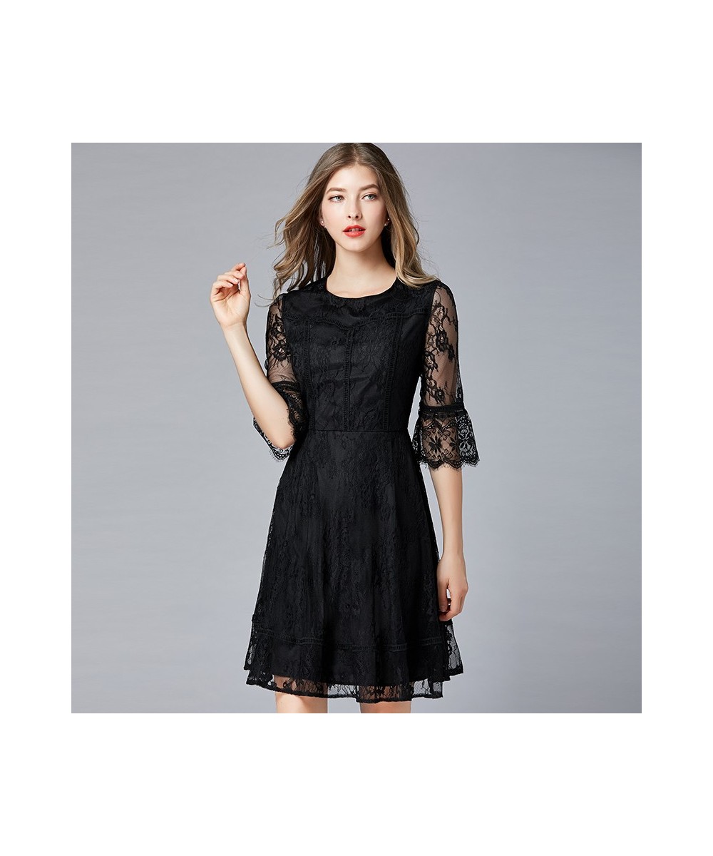 small black dress spring and summer new fat sister round neck 5-sleeve swing temperament large lace dress $74.95 - Dresses