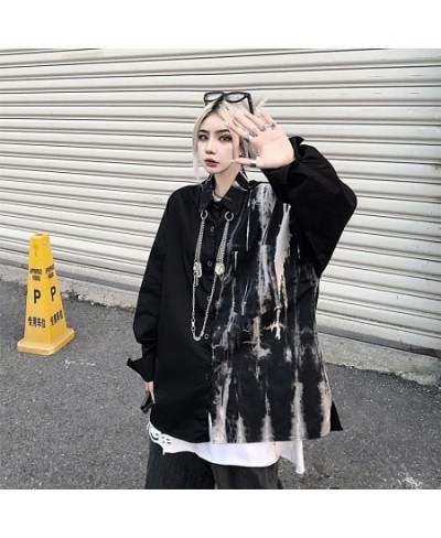 Punk Gothic Shirt Women Mall Goth Patchwork Black Blouses Harajuku Tie Dye Long Sleeve Top Oversized Streetwear Splice Top $3...