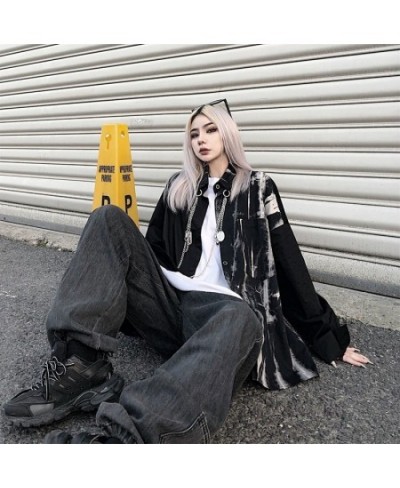 Punk Gothic Shirt Women Mall Goth Patchwork Black Blouses Harajuku Tie Dye Long Sleeve Top Oversized Streetwear Splice Top $3...