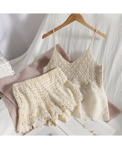 Womem Summer Beach Cotton Crochet Sets Camis Top Cotton Shorts Retro Patchwork Cute Two Pieces Set $38.04 - Suits & Sets