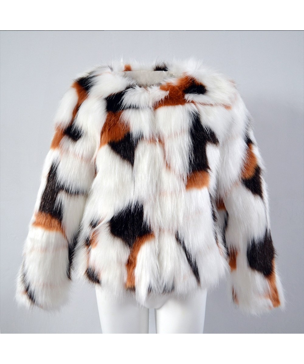 Women Mixed Color Animal Print Faux Fur Coat Female Long Sleeve Short Fur Jacket 2022 Spring and Autumn New Style $70.26 - Ja...