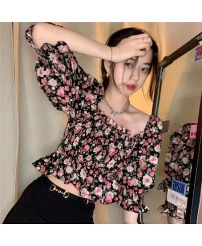 Blouses Women Floral Ruffles Retro Bodycon Elegant Sweet Harajuku Crop Top Chiffon Soft Summer Ins Holiday Female Sexy $23.02...