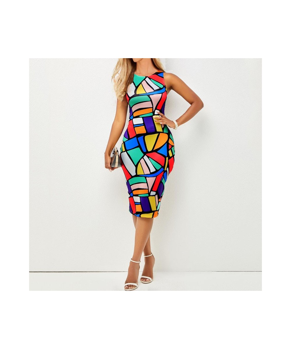 Vintage Elegant High Waist Patchwork Print Bag Hip Dresses Summer Women Bodycon Sexy Party Sleeveless Midi Dress Vestidos $33...