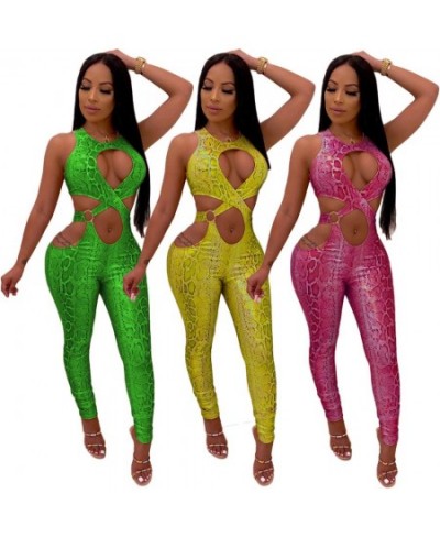 New Serpentine Printing Sexy Women Jumpsuits For Nightclub Party Hollow Out Criss-crossed Skinny Snakeskin Jumpsuits Rompers ...