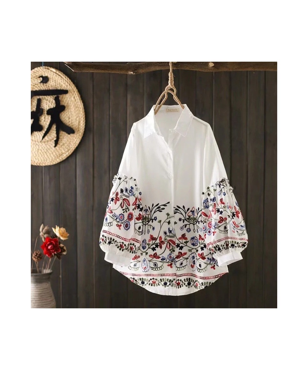 2023 Blusas Mujer De Moda Women's Clothing Vintage Blouse Chic Embroidery Floral Long Sleeve Shirts Lantern Sleeve White Tops...