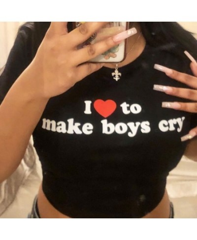 y2k Harajuku Letters Love Makes Boys Cry Printed Short Sleeve T Shirts Cropped Top Women Kawaii Street Cropped Top Tee emo $2...