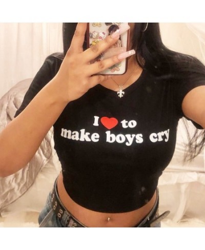 y2k Harajuku Letters Love Makes Boys Cry Printed Short Sleeve T Shirts Cropped Top Women Kawaii Street Cropped Top Tee emo $2...