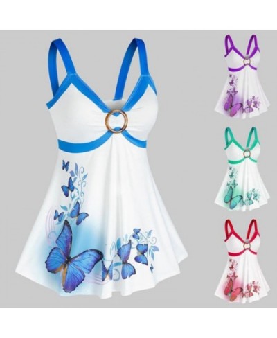 Tank Top Women Sleeveless Shirts Summer Elegant Ladies Casual Butterfly Print O Ring Tanks Plus SIze Strappy Vest Tops Shirt ...