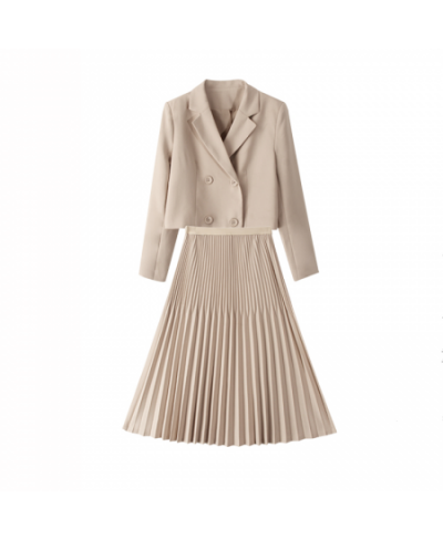 Skirt Set Korean Chic OL Two Piece Set Women Crop Top Casual Blazer Coat Pleated Long Skirt Suits Female 2 Piece Set $76.70 -...