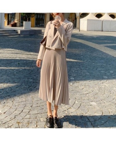 Skirt Set Korean Chic OL Two Piece Set Women Crop Top Casual Blazer Coat Pleated Long Skirt Suits Female 2 Piece Set $76.70 -...