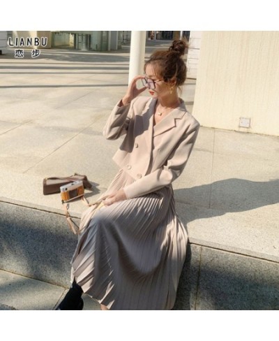 Skirt Set Korean Chic OL Two Piece Set Women Crop Top Casual Blazer Coat Pleated Long Skirt Suits Female 2 Piece Set $76.70 -...