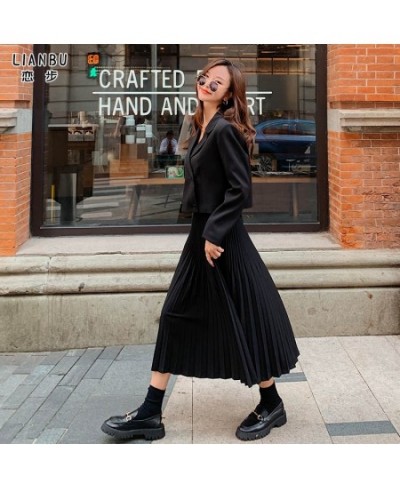 Skirt Set Korean Chic OL Two Piece Set Women Crop Top Casual Blazer Coat Pleated Long Skirt Suits Female 2 Piece Set $76.70 -...