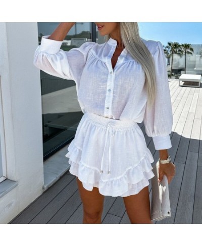 Summer Thin Cotton Linen Two Piece Set Casual O-neck Button Shirt with Ruffle Mini Skirt Suit Fashion Women Holiday Beach $55...