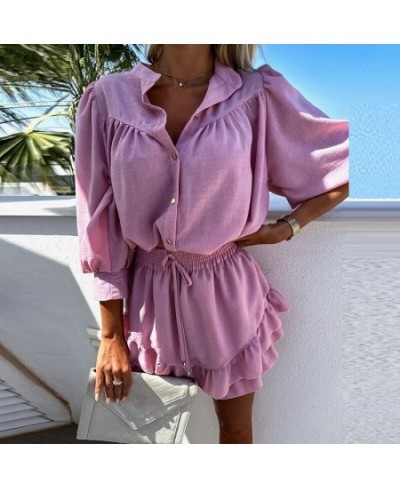 Summer Thin Cotton Linen Two Piece Set Casual O-neck Button Shirt with Ruffle Mini Skirt Suit Fashion Women Holiday Beach $55...