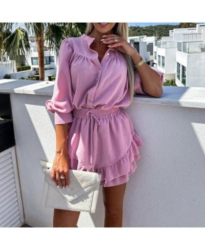 Summer Thin Cotton Linen Two Piece Set Casual O-neck Button Shirt with Ruffle Mini Skirt Suit Fashion Women Holiday Beach $55...