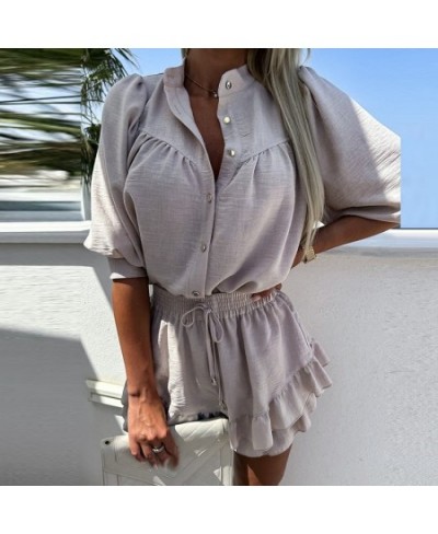 Summer Thin Cotton Linen Two Piece Set Casual O-neck Button Shirt with Ruffle Mini Skirt Suit Fashion Women Holiday Beach $55...