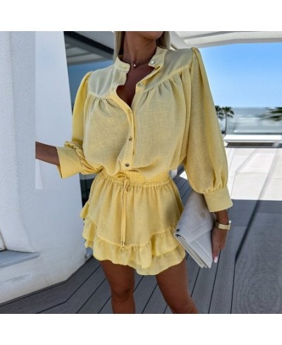 Summer Thin Cotton Linen Two Piece Set Casual O-neck Button Shirt with Ruffle Mini Skirt Suit Fashion Women Holiday Beach $55...