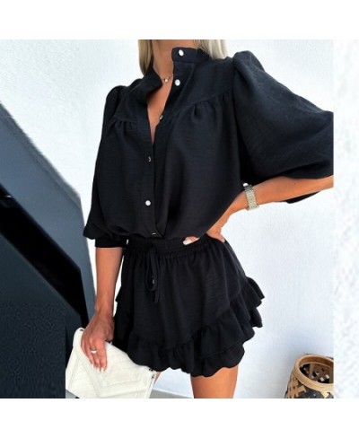 Summer Thin Cotton Linen Two Piece Set Casual O-neck Button Shirt with Ruffle Mini Skirt Suit Fashion Women Holiday Beach $55...