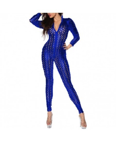 Tight Women Bodysuit Mesh Hole Zipper Faux Patent Leather Tight Jumpsuit Nightclub Bodysuit $36.59 - Jumpsuits