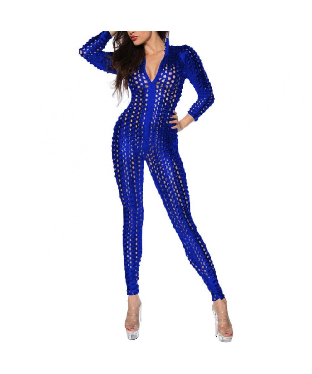 Tight Women Bodysuit Mesh Hole Zipper Faux Patent Leather Tight Jumpsuit Nightclub Bodysuit $36.59 - Jumpsuits