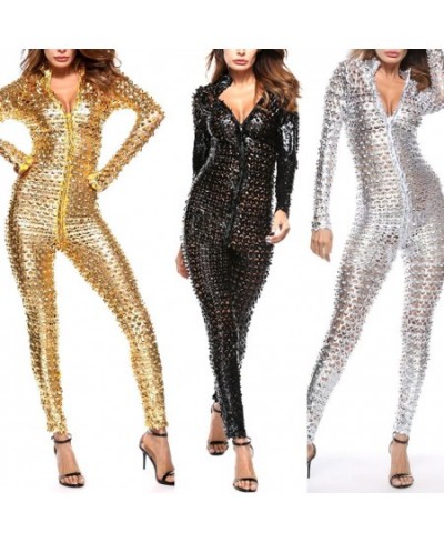 Tight Women Bodysuit Mesh Hole Zipper Faux Patent Leather Tight Jumpsuit Nightclub Bodysuit $36.59 - Jumpsuits