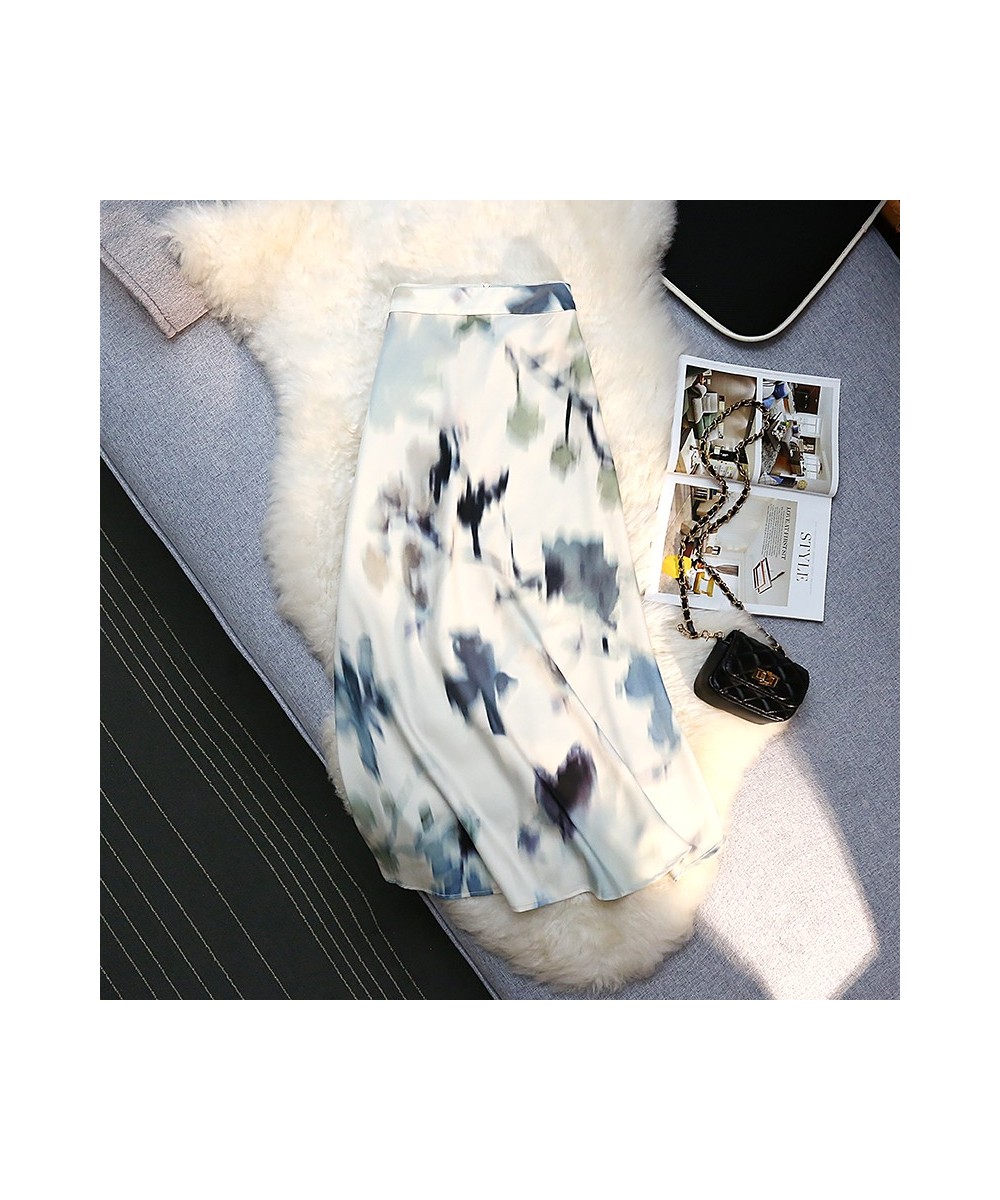 Summer Silk Midi Skirts Womens Korean Ink Painting England Style Satin Office Lady Simple Solid Skyblue Women Skirts $46.04 -...