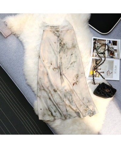 Summer Silk Midi Skirts Womens Korean Ink Painting England Style Satin Office Lady Simple Solid Skyblue Women Skirts $46.04 -...