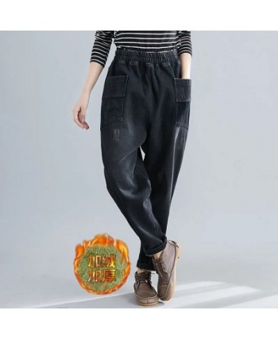 Winter Velvet Thick Jeans Women Vintage 2022 Winter New High Waist Loose Harem Pants Female Denim Pants Black Embroidery F8 $...