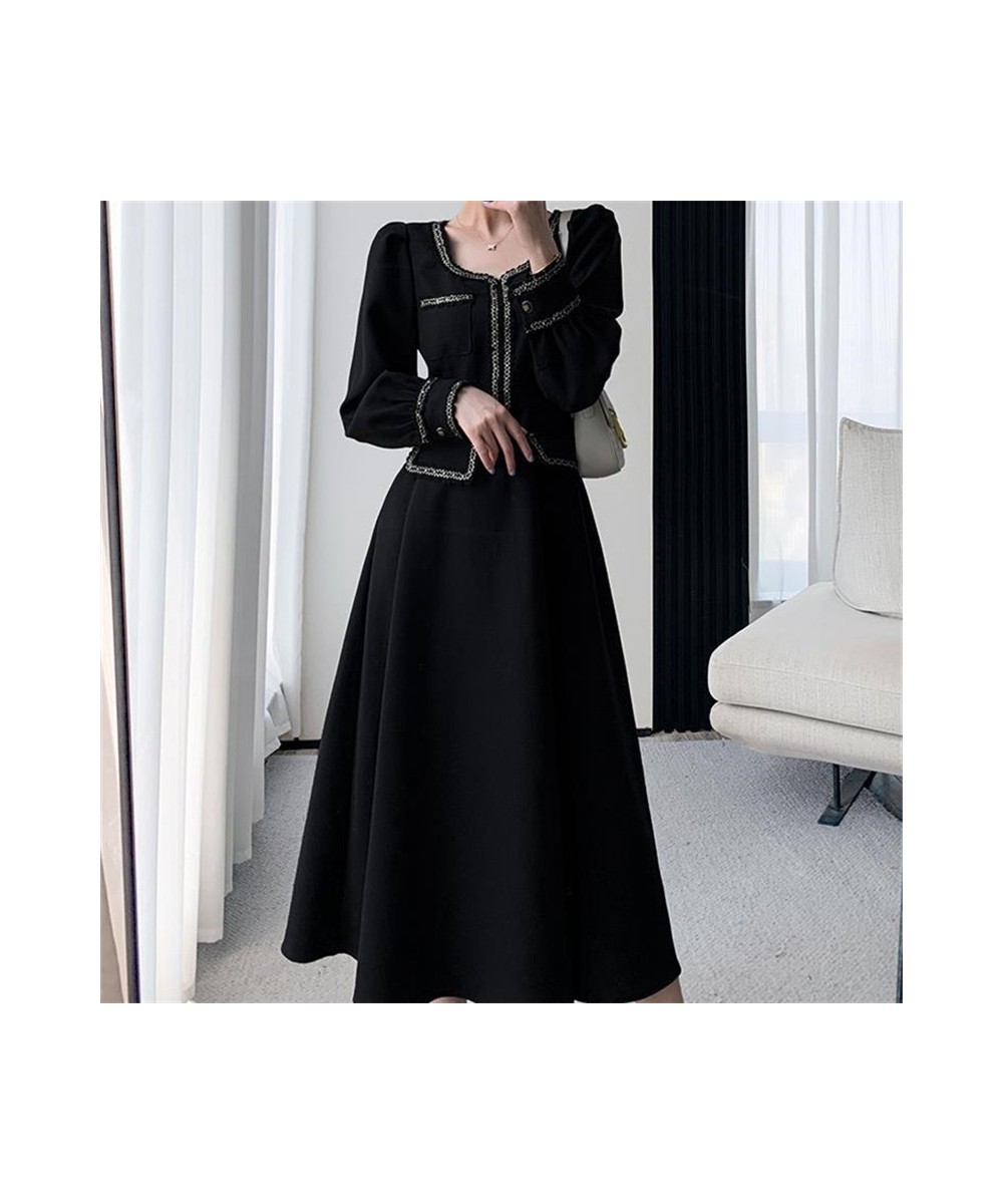 Women Elegant French Retro Black Dress Square Neck Skinny Slim Long Sleeve Midi Dresses 2022 Autumn Fashion Evening Clothes $...