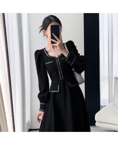 Women Elegant French Retro Black Dress Square Neck Skinny Slim Long Sleeve Midi Dresses 2022 Autumn Fashion Evening Clothes $...