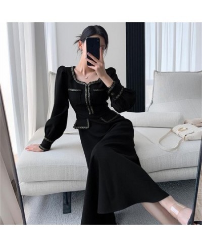 Women Elegant French Retro Black Dress Square Neck Skinny Slim Long Sleeve Midi Dresses 2022 Autumn Fashion Evening Clothes $...