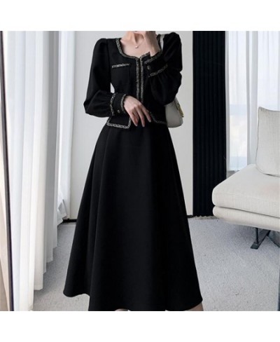 Women Elegant French Retro Black Dress Square Neck Skinny Slim Long Sleeve Midi Dresses 2022 Autumn Fashion Evening Clothes $...