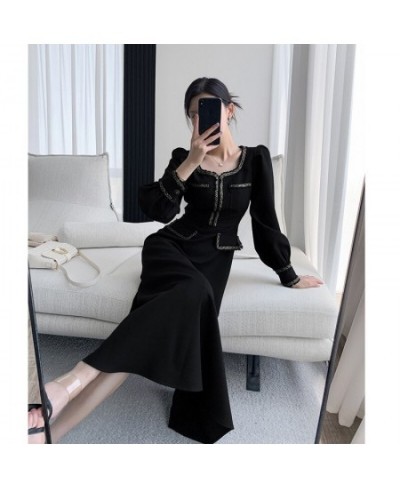 Women Elegant French Retro Black Dress Square Neck Skinny Slim Long Sleeve Midi Dresses 2022 Autumn Fashion Evening Clothes $...