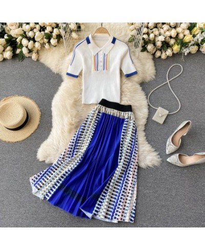 2023 Summer New Temperament OL Work 2 Piece Set Lapel Short-sleeved Knitted Shirt +Contrast Color Stitching Pleated Skirt Set...