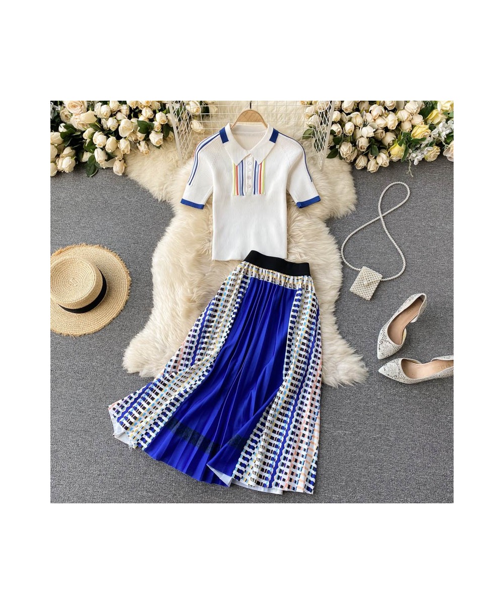 2023 Summer New Temperament OL Work 2 Piece Set Lapel Short-sleeved Knitted Shirt +Contrast Color Stitching Pleated Skirt Set...