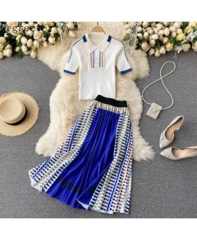 2023 Summer New Temperament OL Work 2 Piece Set Lapel Short-sleeved Knitted Shirt +Contrast Color Stitching Pleated Skirt Set...