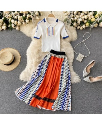 2023 Summer New Temperament OL Work 2 Piece Set Lapel Short-sleeved Knitted Shirt +Contrast Color Stitching Pleated Skirt Set...