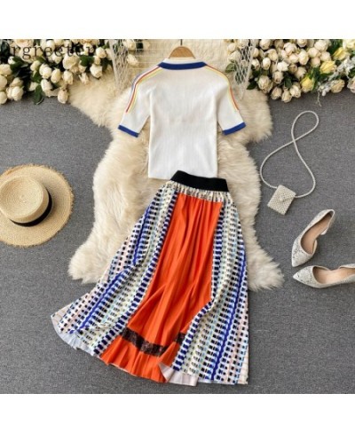 2023 Summer New Temperament OL Work 2 Piece Set Lapel Short-sleeved Knitted Shirt +Contrast Color Stitching Pleated Skirt Set...