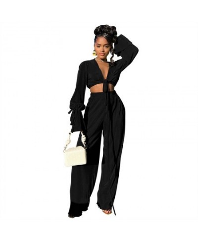 Solid Pleated 2 Piece Sets Women Autumn Outfits Lace Up V Neck Long Flare Sleeve Blouse Crop Top Wide Leg Pants Suits $52.41 ...