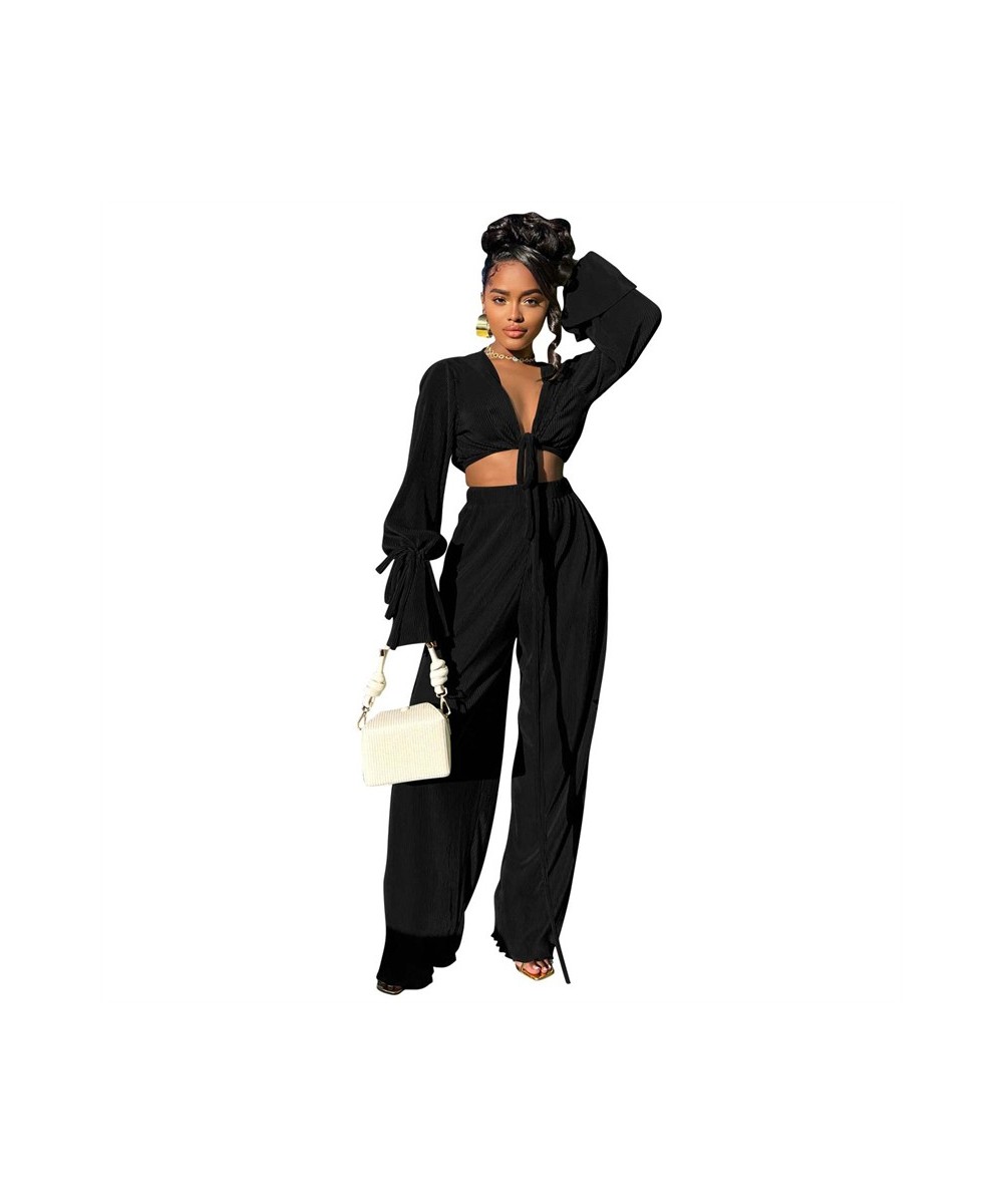 Solid Pleated 2 Piece Sets Women Autumn Outfits Lace Up V Neck Long Flare Sleeve Blouse Crop Top Wide Leg Pants Suits $52.41 ...