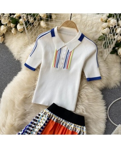 2023 Summer New Temperament OL Work 2 Piece Set Lapel Short-sleeved Knitted Shirt +Contrast Color Stitching Pleated Skirt Set...