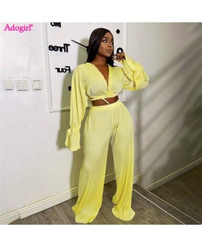 Solid Pleated 2 Piece Sets Women Autumn Outfits Lace Up V Neck Long Flare Sleeve Blouse Crop Top Wide Leg Pants Suits $52.41 ...