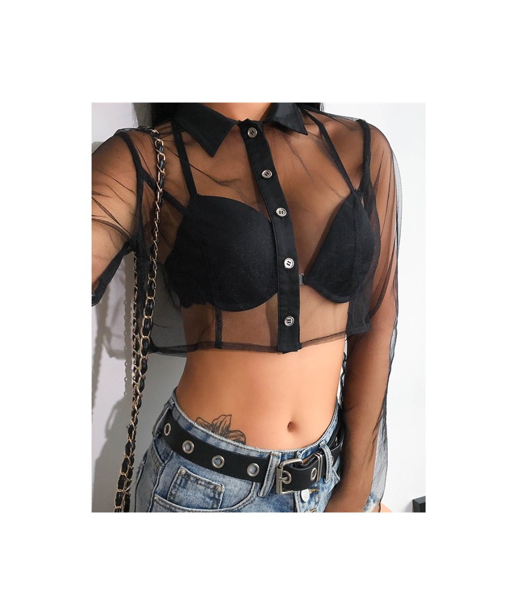 Sexy Womens Mesh Sheer See-through Shirts Lady Long Sleeve Blouses Crop Tops Fishnet Stretch Bare Belly Shirts Clubwear $23.8...