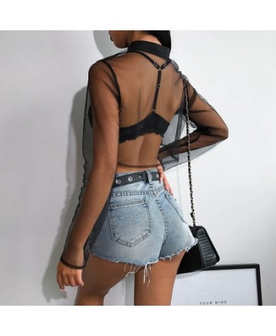 Sexy Womens Mesh Sheer See-through Shirts Lady Long Sleeve Blouses Crop Tops Fishnet Stretch Bare Belly Shirts Clubwear $23.8...