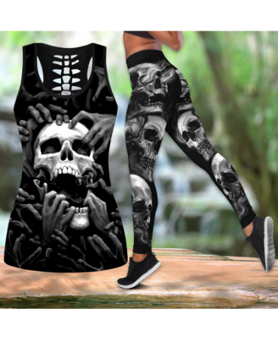 Women Leggings Fashion 3D Printed The Grim Reaper Skull Tattoo Combo Legging + Tank Sexy Elastic Female Skinny Leggings DDK20...