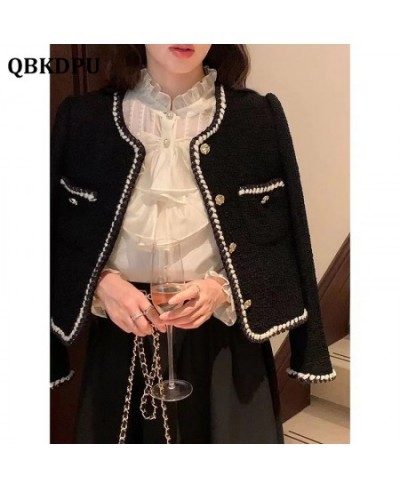 Black Vintage Design Tweed Cropped Jacket Women Spring Korean Fashion Long Sleeve Woolen Coat Elegant Luxury Chaquetas 2023 N...