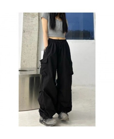 Y2k Baggy Green Cargo Pants For Women Pockets Drawstring High Waist Sweatpants Hip Hop Overalls Retro Overalls Trousers $38.7...