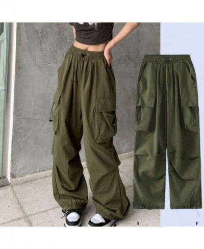 Y2k Baggy Green Cargo Pants For Women Pockets Drawstring High Waist Sweatpants Hip Hop Overalls Retro Overalls Trousers $38.7...