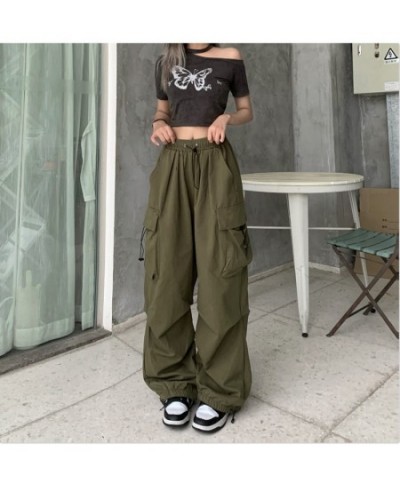 Y2k Baggy Green Cargo Pants For Women Pockets Drawstring High Waist Sweatpants Hip Hop Overalls Retro Overalls Trousers $38.7...